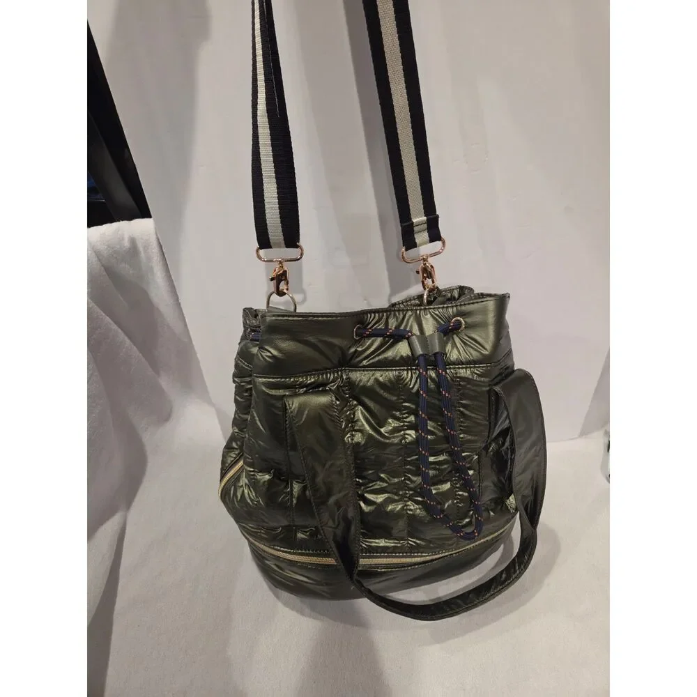 Stella & Dot Crush it Quilted Bucket Bag Metallic Olive Expandable Shoulder Bag